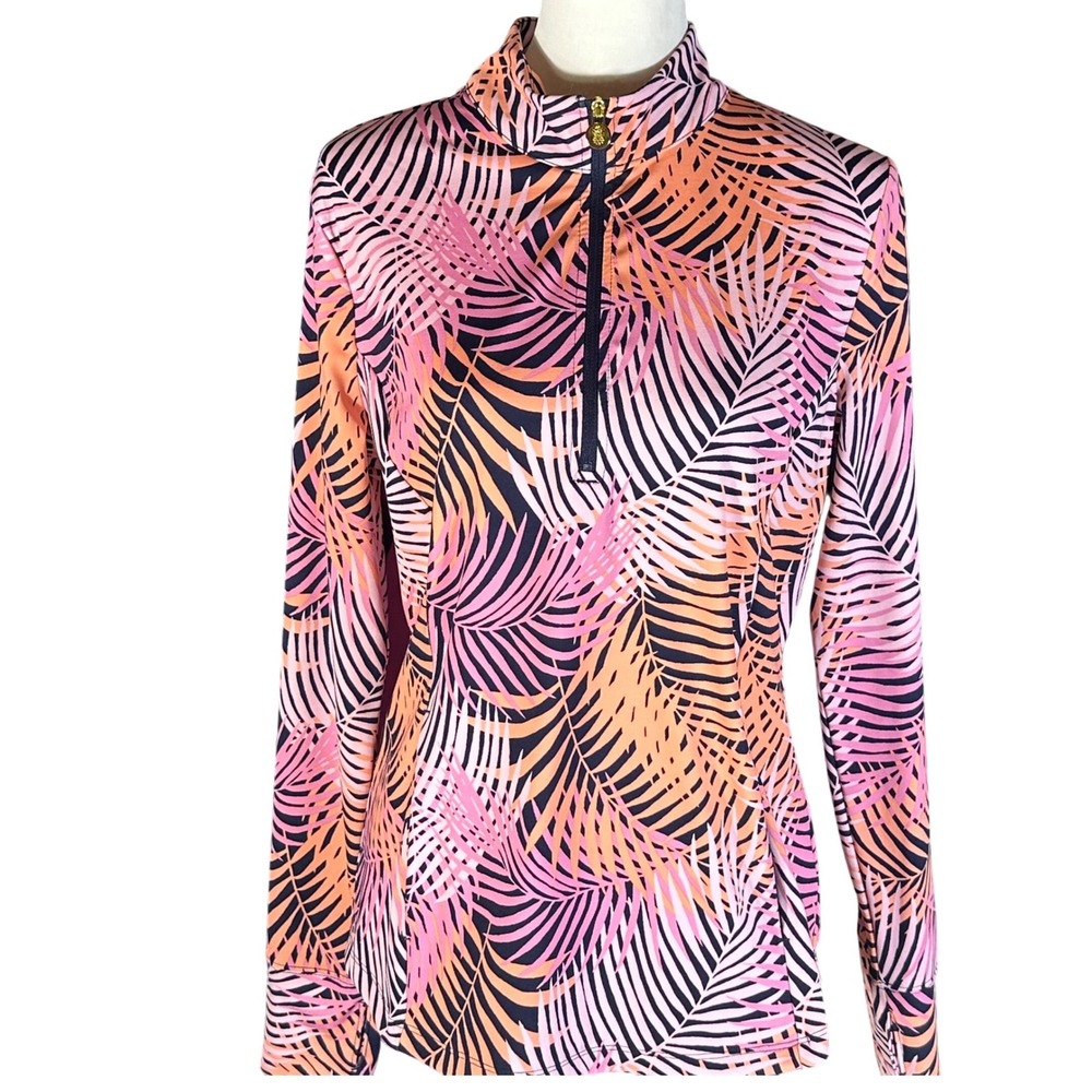 Tommy Bahama Pullover Women Large Pink Orange Tropical Palm Leaf Quarter Zip